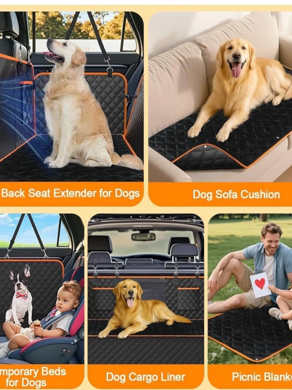 Quilted Black Dog Back Seat Protector with Orange Trim extra wide